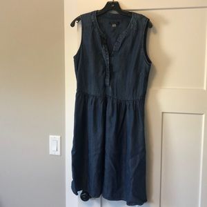 Chambray fit and flair v-neck dress by Tommy Hilfiger.